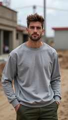 Fototapeta premium Relaxed Male Model in a Heather Grey Sweatshirt, Posing at a Construction Site