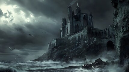 Gothic castle deep shadows high contrast stormy ocean perched on a cliff moody dramatic intricately detailed 3D architecture