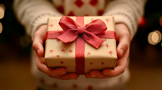 Close-up of hands presenting a beautifully wrapped gift box. Generative AI image