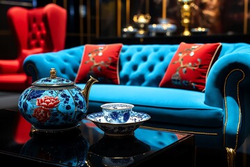 Antiques with a history of elegance, depicted in an artwork where fine furniture, delicate porcelain, and rich fabrics create a sense of sophistication and grace