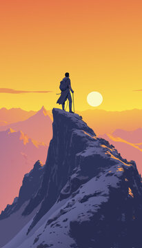 open layer vector of a man standing on top of mountain, sun on the sky, pastel purple color