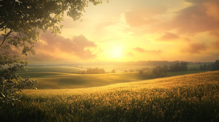 Obraz premium Rolling countryside with a sunset.