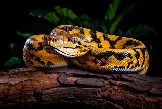 an african ball python on a branch of wood