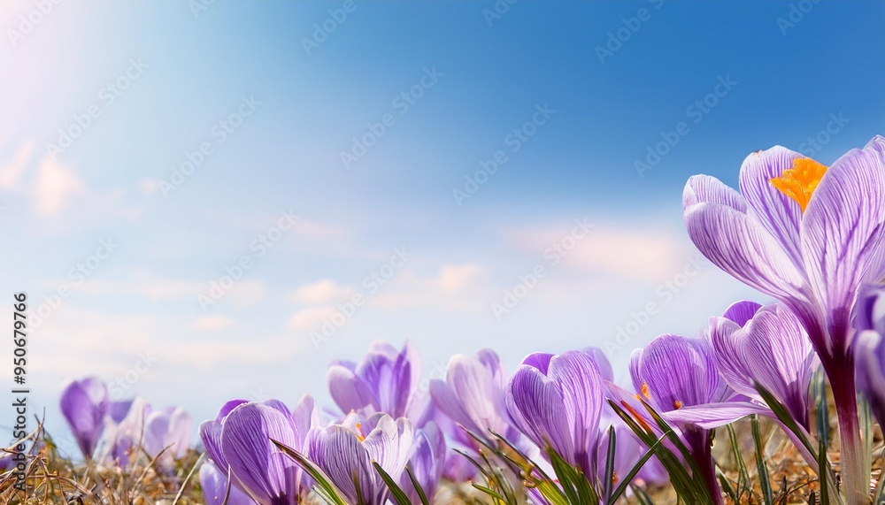 Wall mural natural autumn background with delicate lilac crocus flowers on blue sky banner