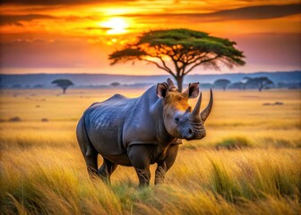 Obraz premium Majestic black rhinoceros with distinctive horn and wrinkled skin stands in a serene savannah landscape, surrounded by tall grasses and acacia trees at sunset.
