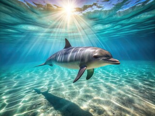 Obraz premium Majestic bottlenose dolphin swims in crystal-clear turquoise waters of the Indian Ocean, sunlight dancing across its sleek gray body, creating a mesmerizing underwater scene.