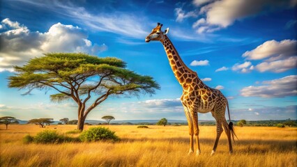 Fototapeta premium Majestic giraffe standing tall in the sun-kissed savannah, its long neck and legs set against a vibrant blue sky with scattered acacia trees.