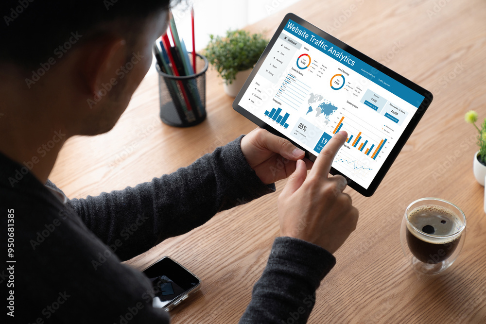 Poster computer software for website traffic analytics data on computer screen. concept of seo search engin