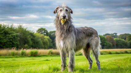 Majestic Scottish Deerhound dog with gentle eyes and soft, gray coat stands proudly in a lush, green meadow, showcasing its slender build and noble demeanor.