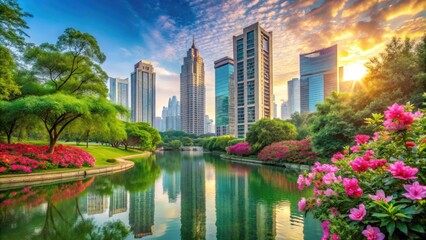 Fototapeta premium Majestic skyscrapers rise amidst lush greenery, with blooming flowers and towering trees lining a serene riverbank, harmoniously blending urban architecture with natural beauty.