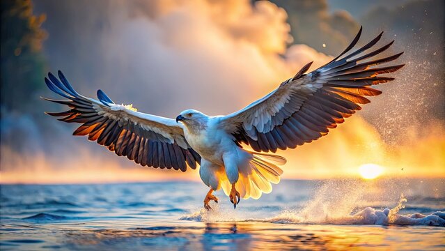 Majestic white-bellied sea eagle soars above misty coastal waters, its regal wings outstretched, with a piercing gaze and snowy feathers glistening in morning sunlight.
