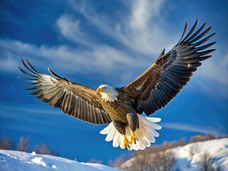 Obraz premium Majestic white-tailed eagle soars overhead, its snowy-white head and tail feathers contrasting with its dark brown body, wings spread wide against a bright blue sky.
