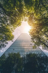 Towering Glass Skyscraper Surrounded by Lush Green Foliage and Sunlight