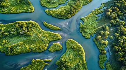 Aerial View of a Winding River Through Lush Green Mangrove Forest