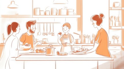 Hand-drawn sketch of a European family cooking together in a cozy kitchen setting, showcasing warmth and togetherness