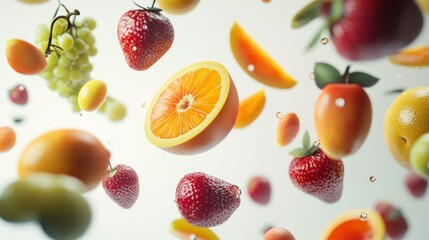 Colorful Fruit Falling Through Air with Water Droplets