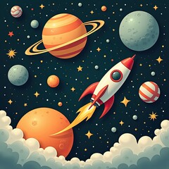 Naklejka premium Colorful rocket ship soars through a cartoon outer space with planets, stars, and clouds in the background.