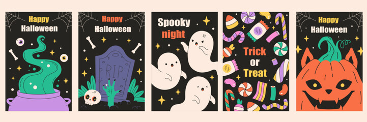 Happy Halloween greeting cards, posters, banners. Vector illustration in flat style