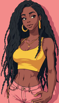 open layer vector of a hot dreadlocks Jamaican brunette girl with a yellow crop top, a pink background