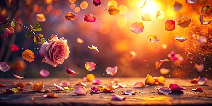 Rose petals falling slowly through the air in a tranquil backdrop of orange and purple hues capturing the serenity of a summer evening delicate gentle whimsical peaceful dreamy soft romantic 