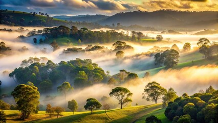 Serene Australian misty morning atmosphere with lush green forest, foggy hills, and mist-covered trees, capturing the essence of a tranquil and mystical landscape.