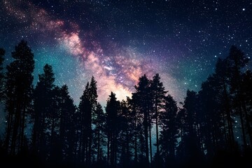 Fototapeta premium night sky in the forest full of galaxies, stars and nebula