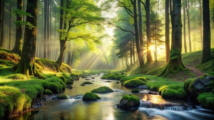 Obraz premium Serene forest landscape with a winding stream, vibrant greenery, and misty sunlight filtering through towering trees, evoking a sense of tranquility and connection to nature.