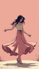 Open-layer vector Persian girl with traditional white and pink dress black hair