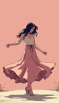 Open-layer vector Persian girl with traditional white and pink dress black hair