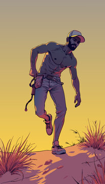 open layer vector of muscle handyman walking on desert