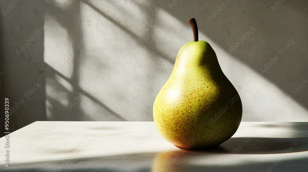 Poster a single yellow pear on a white surface with shadowy window light