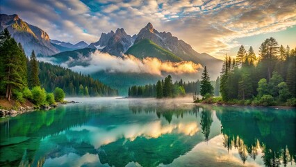 Serene misty dawn breaks over majestic turquoise lake surrounded by lush green forests and towering mountain peaks in a tranquil alpine landscape.
