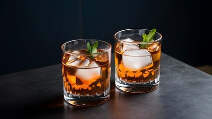 Two glasses with ice cubes and mint for alcohol drinks on table