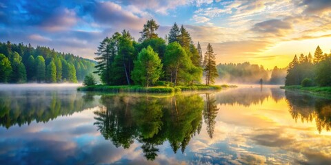 Obraz premium Serene misty forest landscape at dawn, featuring vibrant greenery and tranquil water reflections.