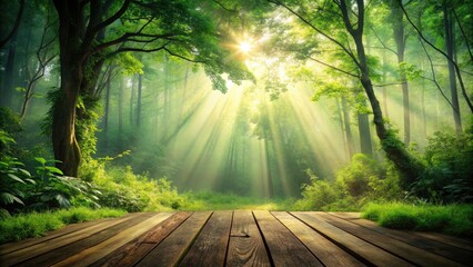 Serene misty forest landscape with lush green foliage, twinkling sunlight, and rustic wooden planks, evoking a sense of harmony with the natural world.