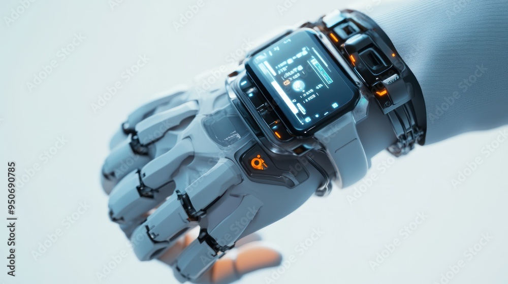 Aufkleber closeup of a futuristic robotic hand with a digital display