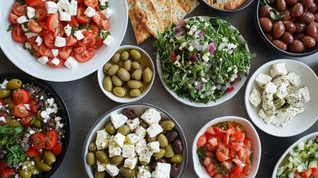A collection of Greek mezze dishes, featuring olives, feta cheese, and fresh salads.