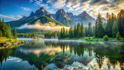 Fototapeta premium Serene misty mountainscape featuring a tranquil lake, lush green forests, and majestic granite peaks soaring towards a vibrant blue morning sky with warm sunlight filtering through.