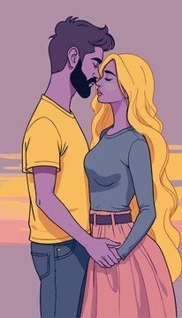 open layer vector of lovely couple on the garden, pastel purple and yellow