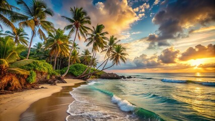 Serenene tropical coastline features swaying palms, turquoise ocean waves crashing against picturesque shore, warm sunlight casting a golden glow on powdery white sand.