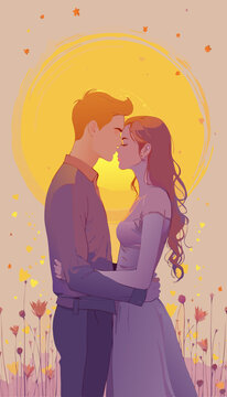 open layer vector of lovely couple on the garden, pastel purple and yellow