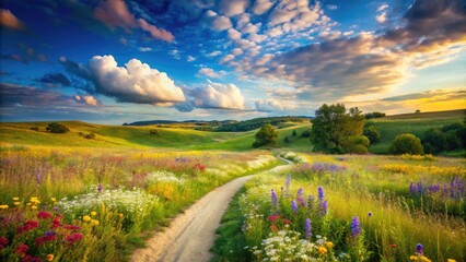 Naklejka premium Serene scenic landscape featuring a meandering dirt path surrounded by lush green grass and vibrant wildflowers, set against a breathtaking blue sky with fluffy clouds.