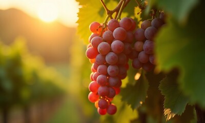 Fototapeta premium Sunkissed grapes cluster on the vine in verdant vineyard