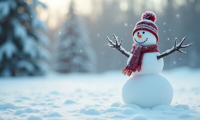 Obraz premium A cheerful snowman adorned with a scarf and hat stands in a snowy expanse