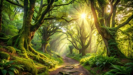 Serene winding forest pathway overgrown with lush greenery and dappled sunlight, inviting exploration and adventure amidst towering ancient trees in a tranquil wilderness setting.