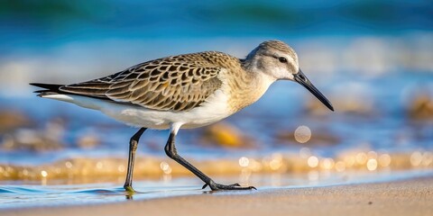 Obraz premium Small, plump shorebird with mottled gray and white feathers, long black bill, and distinctive black legs, foraging for food on a sunny sandy beach.