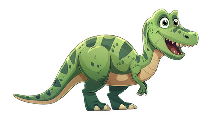 Fototapeta premium friendly, cartoon dinosaur in shades of green with a smiling expression. The dinosaur has large eyes and a cute, childlike appearance