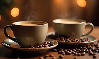 Obraz premium Two cups of coffee and a plate of coffee on a table with beans