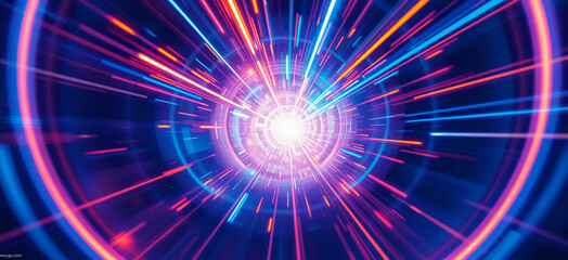 Fototapeta premium Glowing neon trails Futuristic light warp tunnel gate. Long exposure glow. Radial motion blur. Sci-fi speed lights. Fast energy burst. Abstract fractal art. Modern technology abstract background.