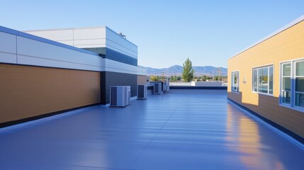 Obraz premium Modern Commercial Rooftop with Blue Flooring and Mountain View